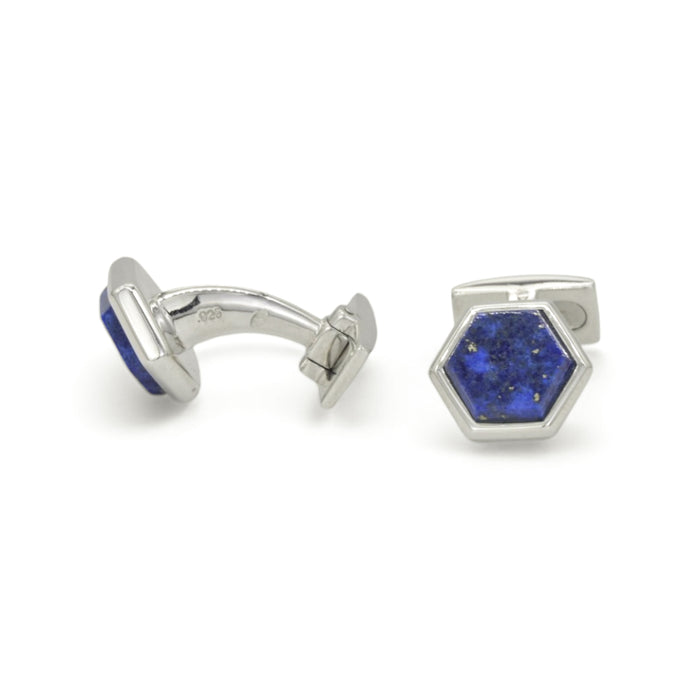 BLUE PENTANGON SHAPE MEN SILVER CUFFLINKS