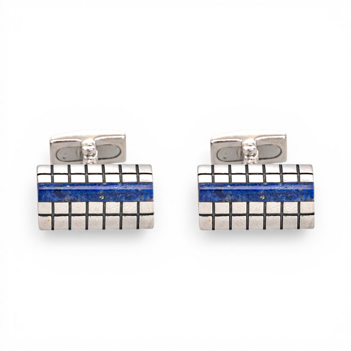 BLUE MARBLE SQUARE SHAPES MEN SILVER CUFFLINKS