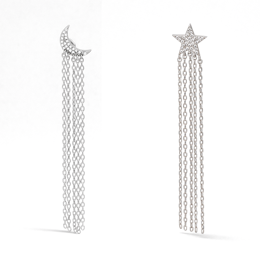 DROPPING STAR & CRESCENT SHAPE STUD SILVER EARRING