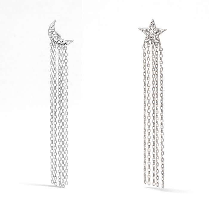 DROPPING STAR & CRESCENT SHAPE STUD SILVER EARRING