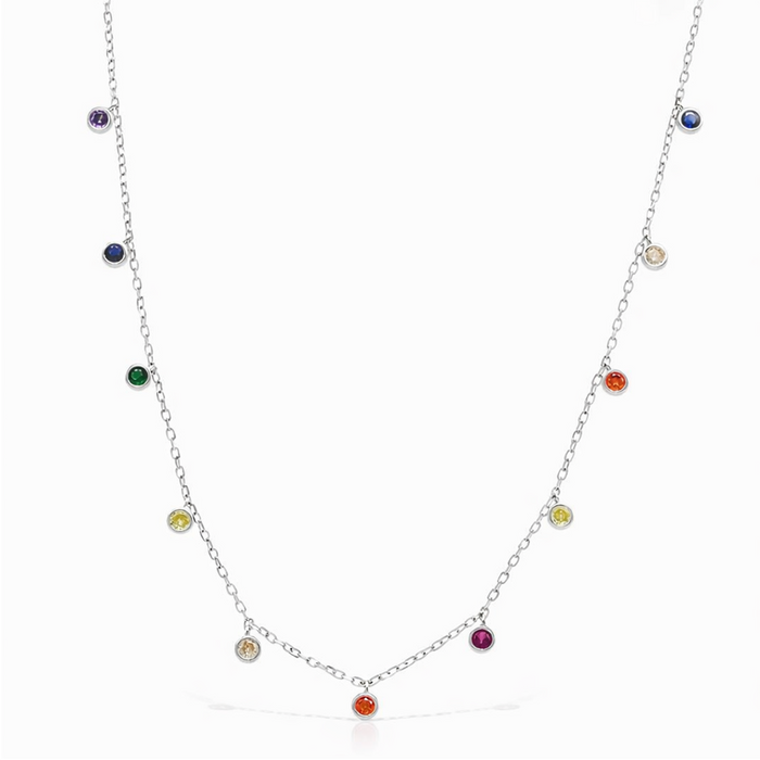 DROPPING MULTICOLORED ROUND STONED SILVER NECKLACE