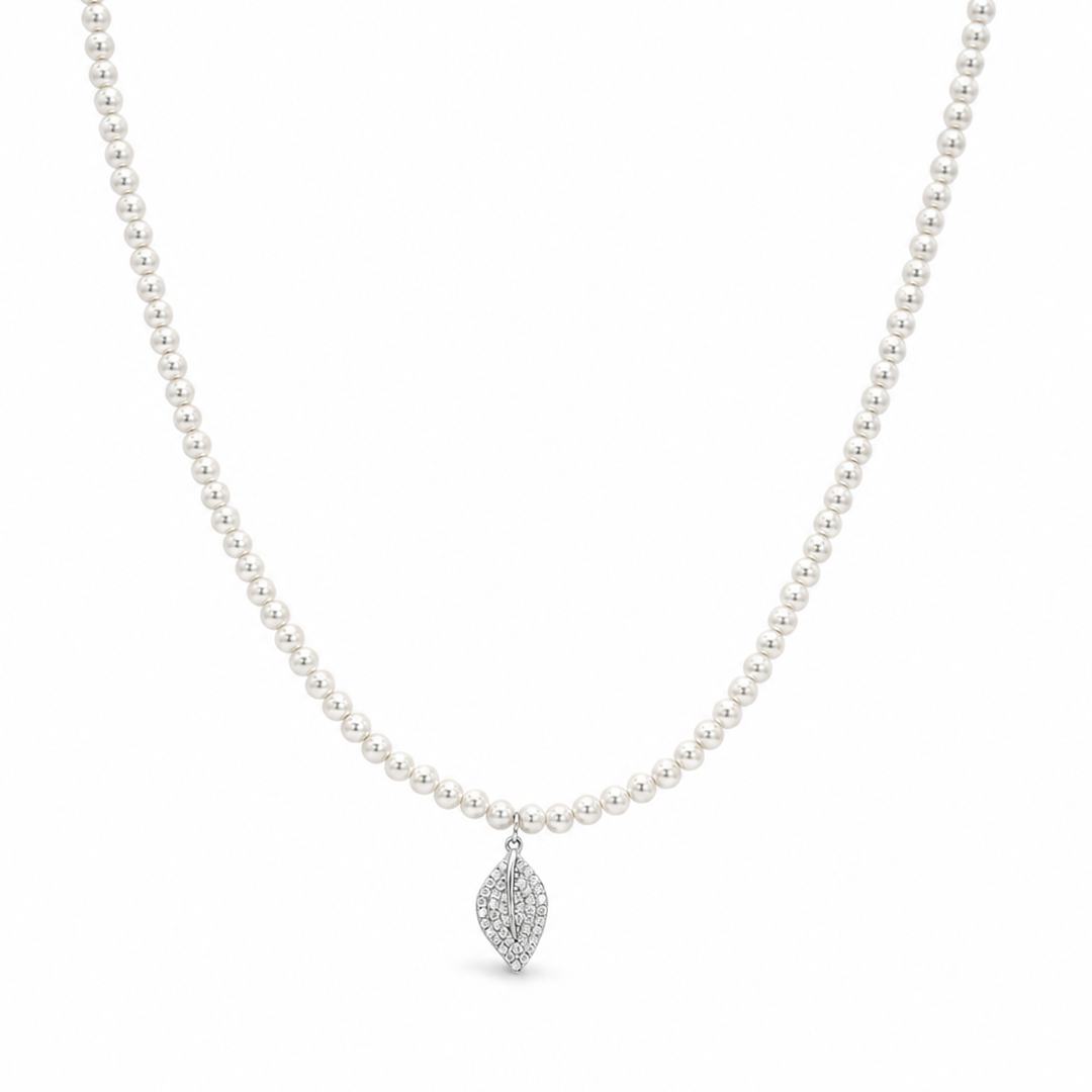 LEAF SHAPED  PEARL SILVER NECKLACE