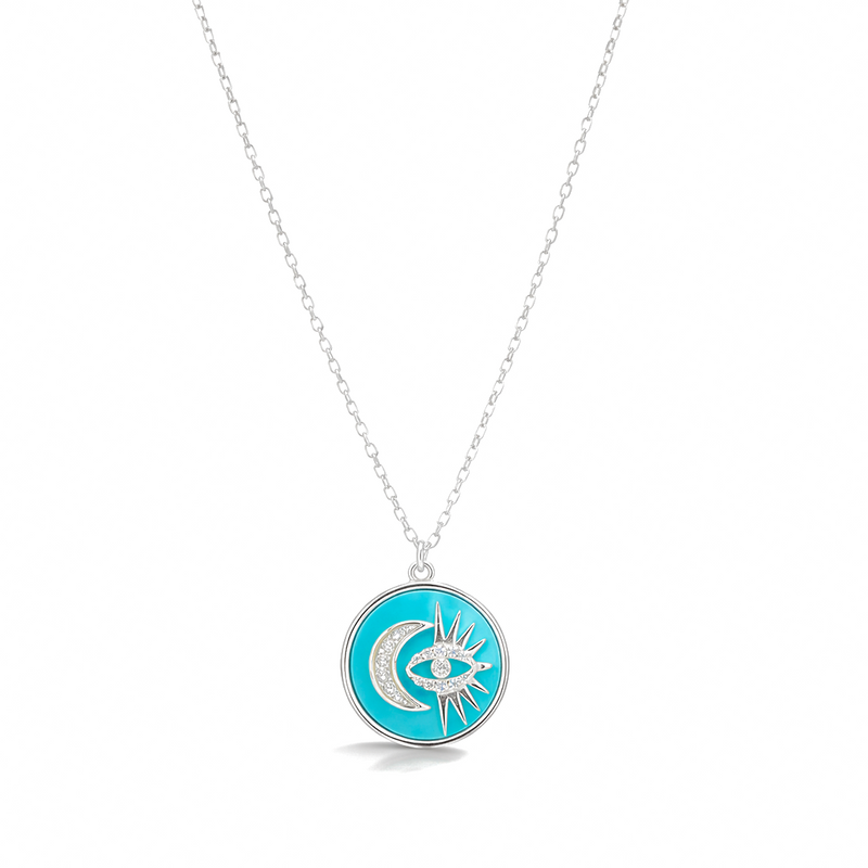 TURQUOISE CRESCENT & EVIL EYE SHAPE SILVER NECKLACE