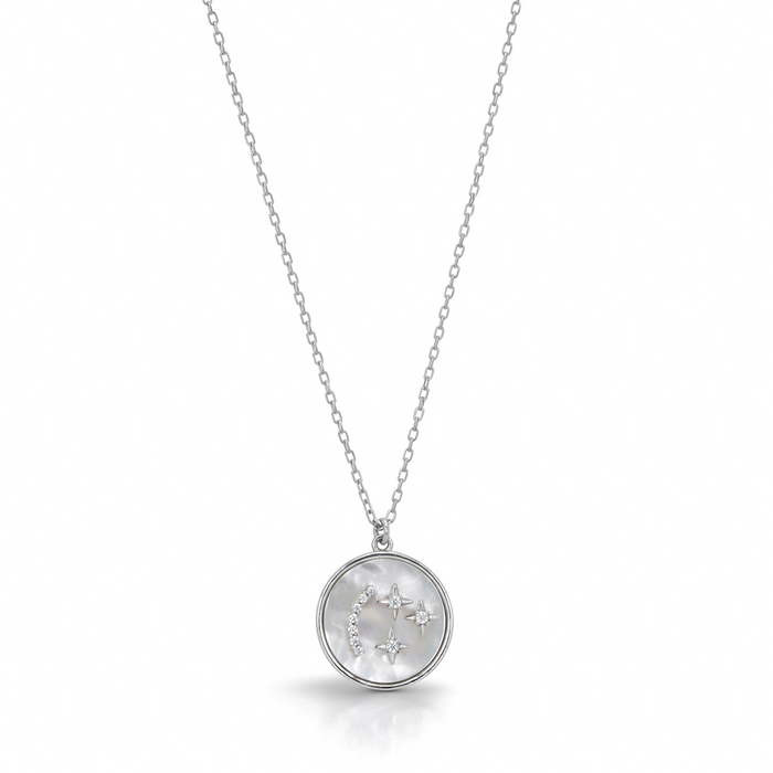 CIRCLE SHAPE OF STARS & CRESCENT SILVER NECKLACE