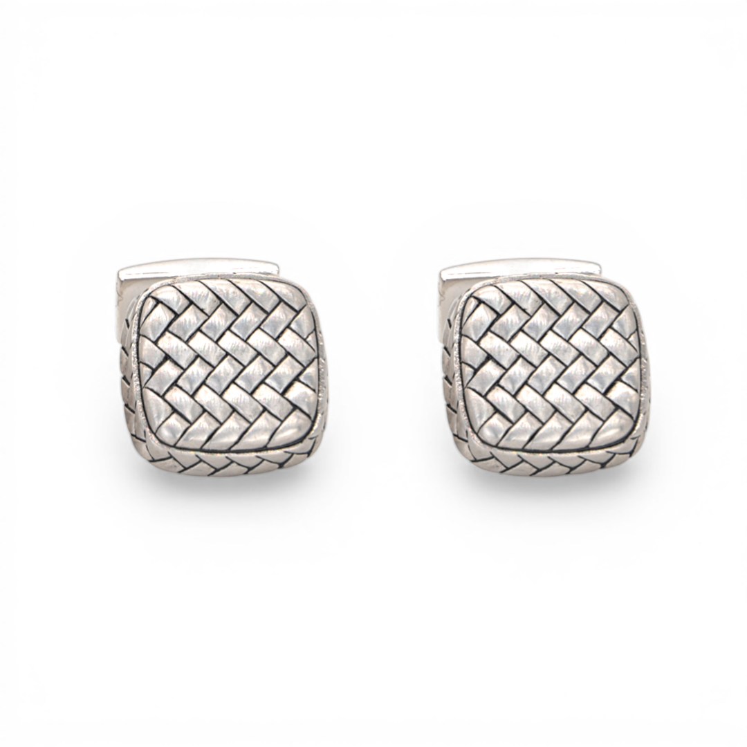 PLAIN WOVEN SQUARE SHAPE MEN SILVER CUFFLINKS