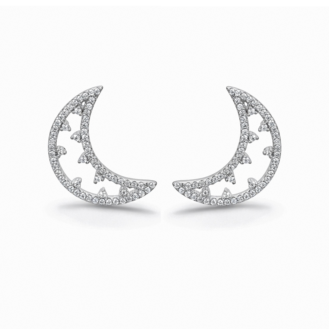 CRESCENT ROUND STONES STUD SILVER EARRING