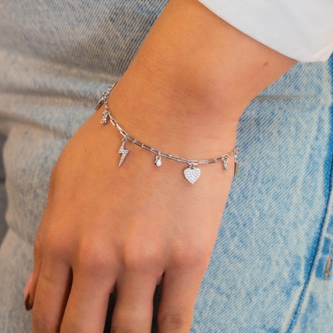 DROPPING THUNDER & HEART SILVER BRACELET