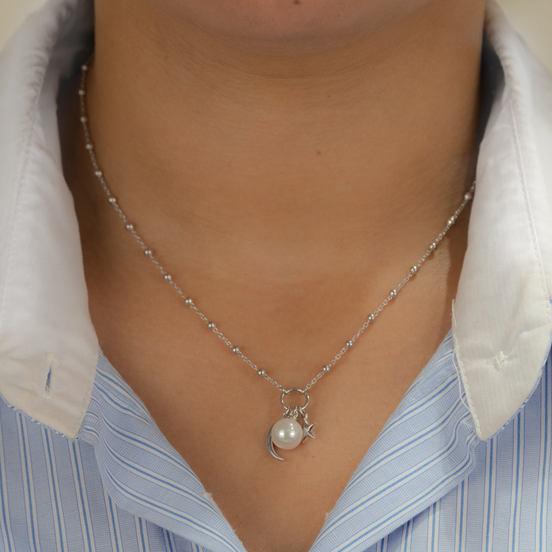 DROPPING CRESCENT & STAR PEARLED SILVER NECKLACE