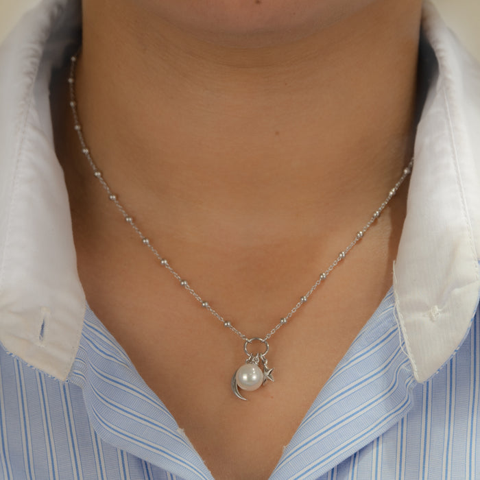 DROPPING CRESCENT & STAR PEARLED SILVER NECKLACE