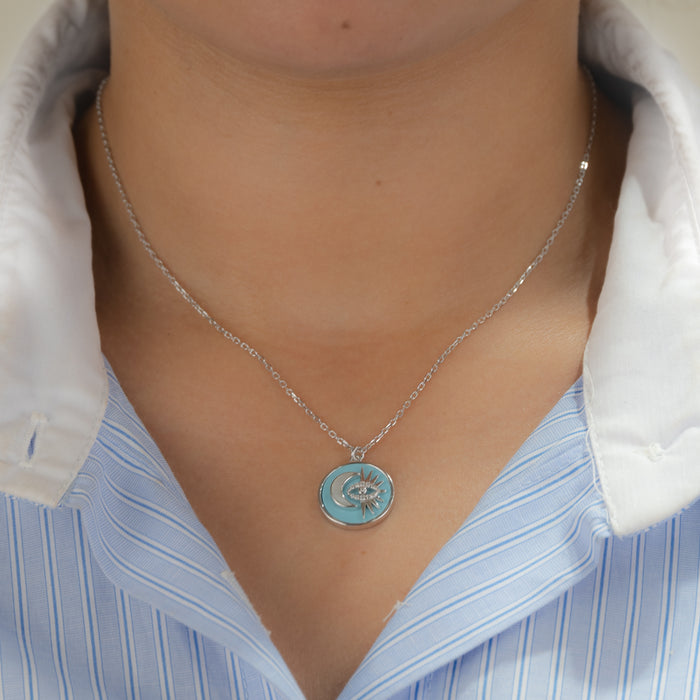 TURQUOISE CRESCENT & EVIL EYE SHAPE SILVER NECKLACE