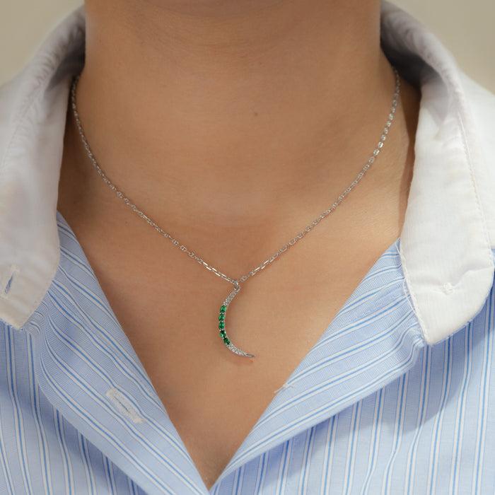OVAL GREEN CRESCENT SILVER NECKLACE