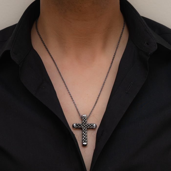 CROSS BLACK BRAIDS SHAPE MEN SILVER NECKLACE