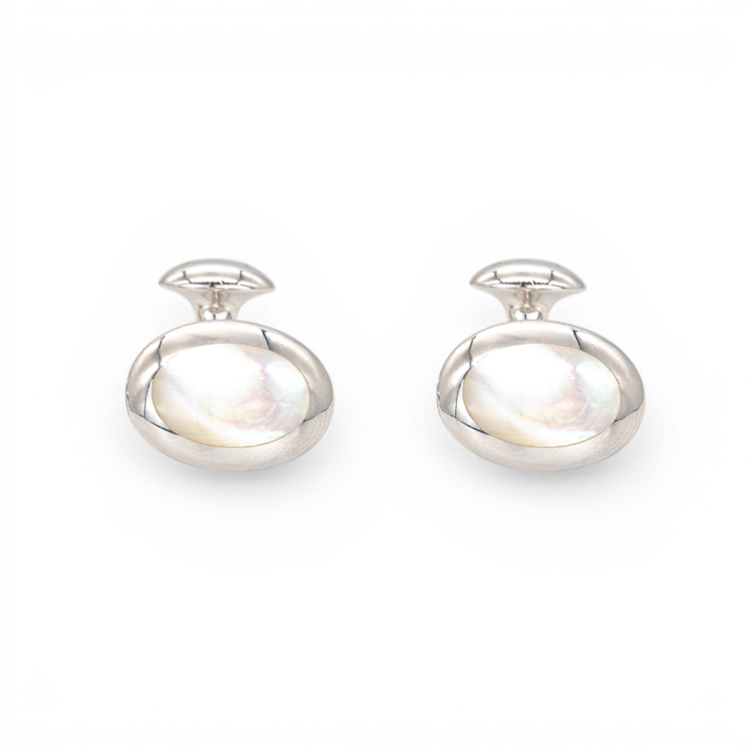 OVAL MIRROR WHITE MEN SILVER CUFFLINKS