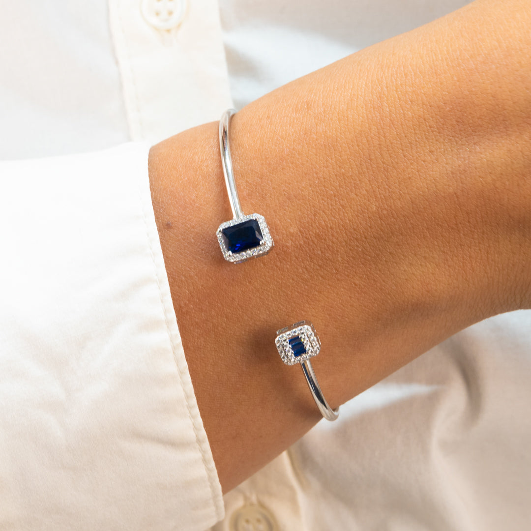 OPEN EMERALD CUT & BAGUETTE SILVER BANGLE