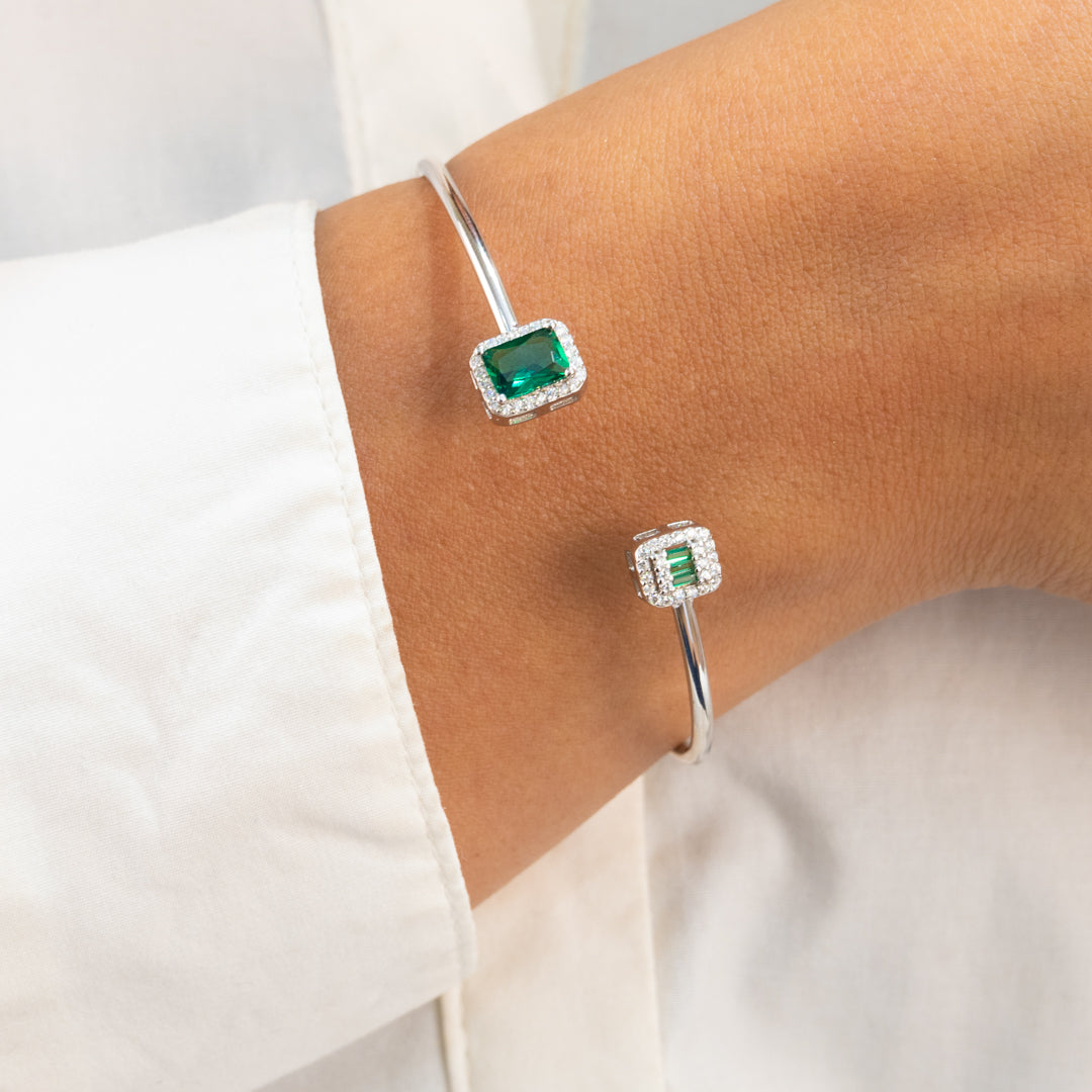 OPEN EMERALD CUT & BAGUETTE SILVER BANGLE