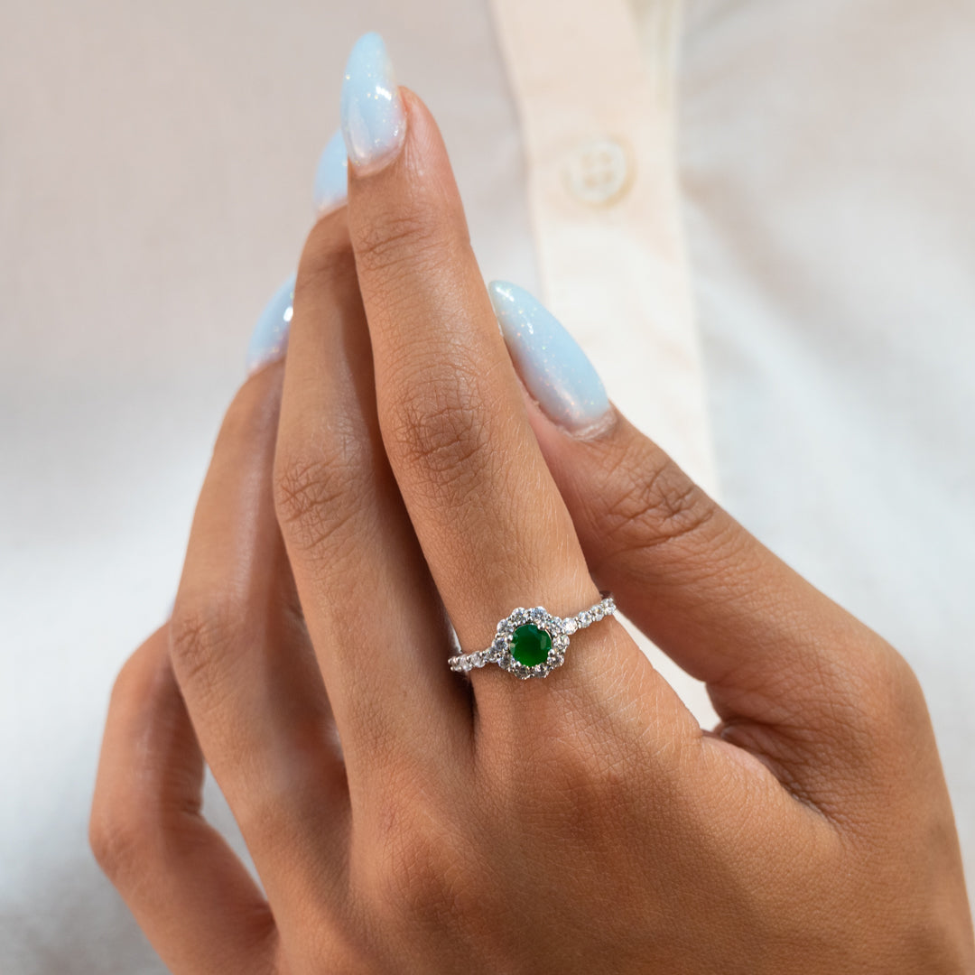 FLORAL HALO ROUND SILVER RING
