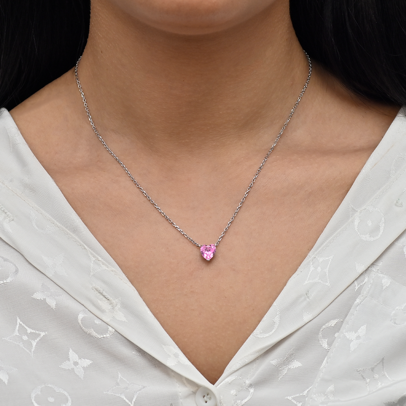 PINK HEART STONED SILVER NECKLACE