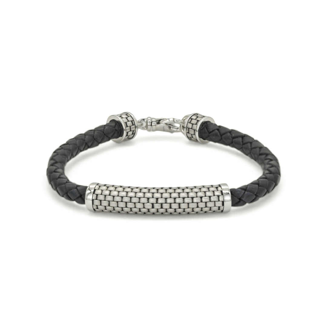 BRAIDED & BASKET WEAVE BAR MEN SILVER BRACELET