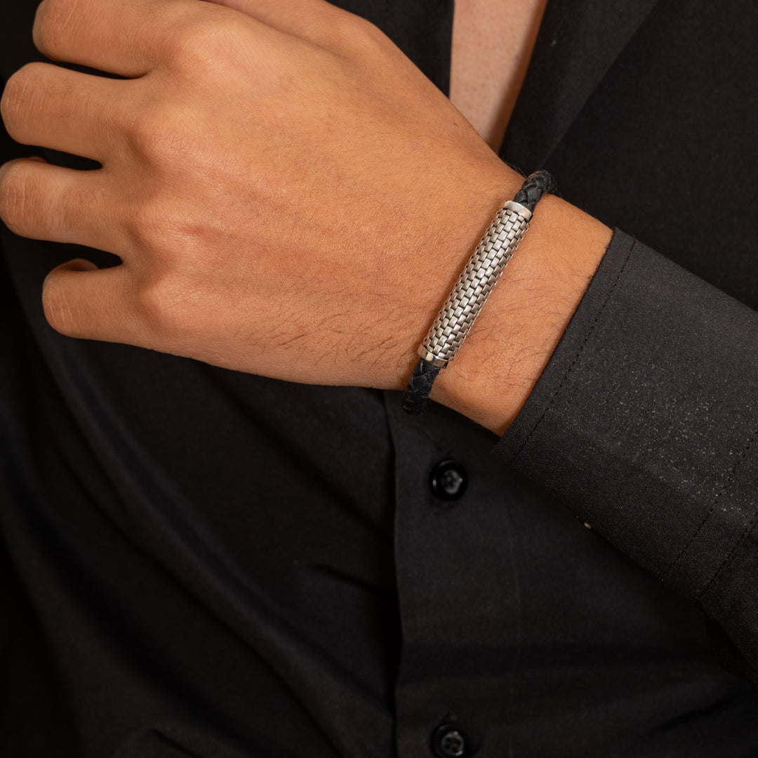 BRAIDED & BASKET WEAVE BAR MEN SILVER BRACELET