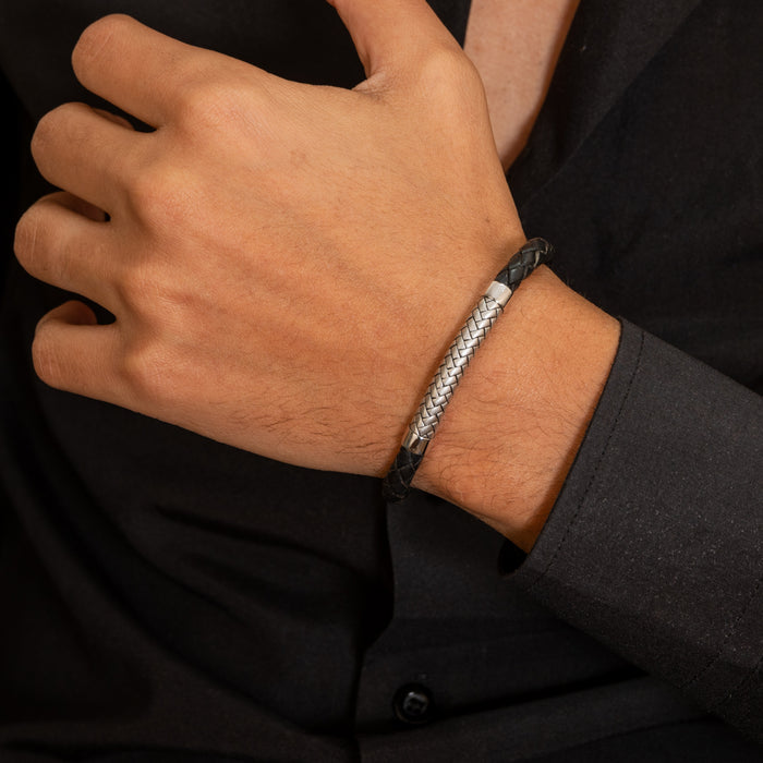 SMALL BRAIDED & BASKET WEAVE BAR MEN SILVER BRACELET