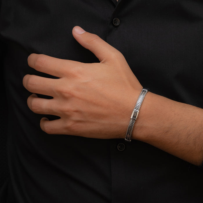 HERITAGE GRANULATED & TWISTED ROPE MEN SILVER BANGLE