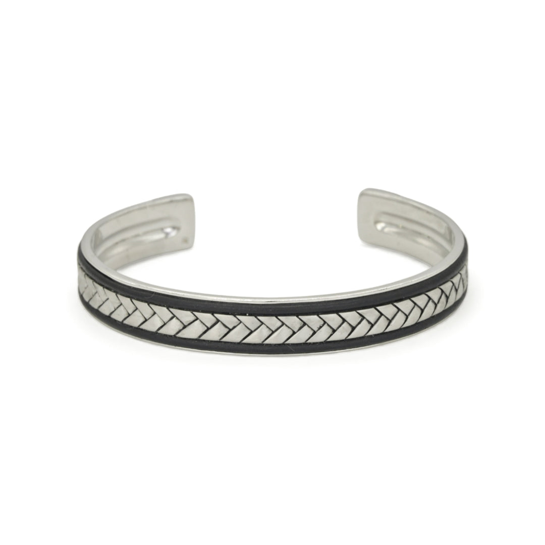 BLACK FRAMED BRAIDS MEN SILVER BANGLE