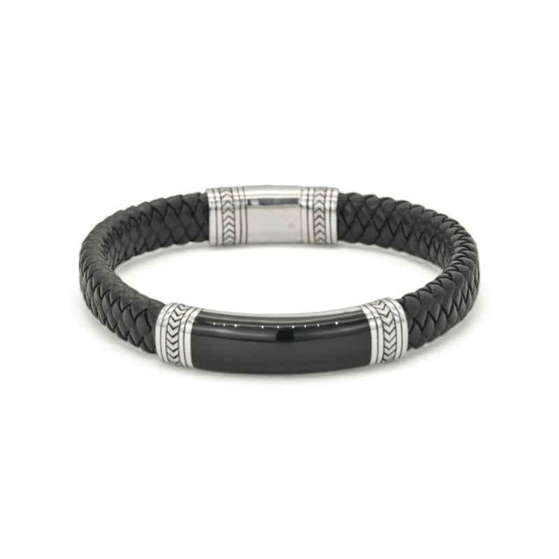 ONEX BAR & LEATHERED BRAIDS MEN SILVER BRACELET