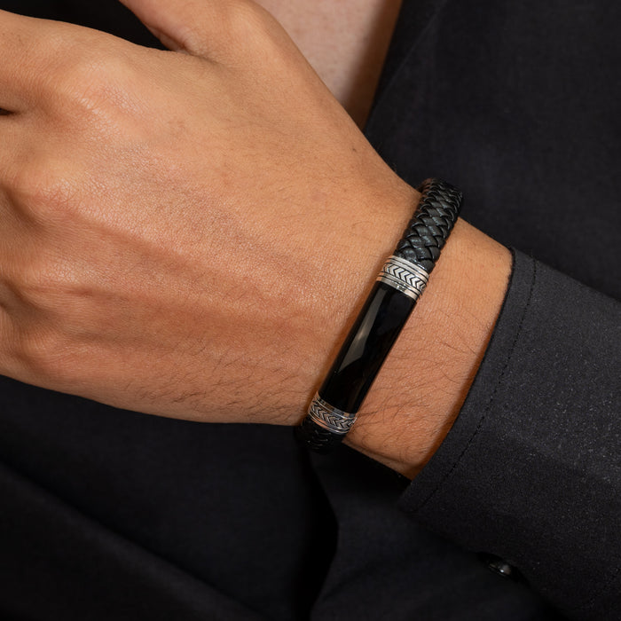 ONEX BAR & LEATHERED BRAIDS MEN SILVER BRACELET
