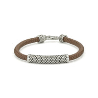 BROWN BRAIDED & BASKET WEAVE BAR MEN SILVER BRACELET