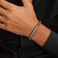 BROWN BRAIDED & BASKET WEAVE BAR MEN SILVER BRACELET