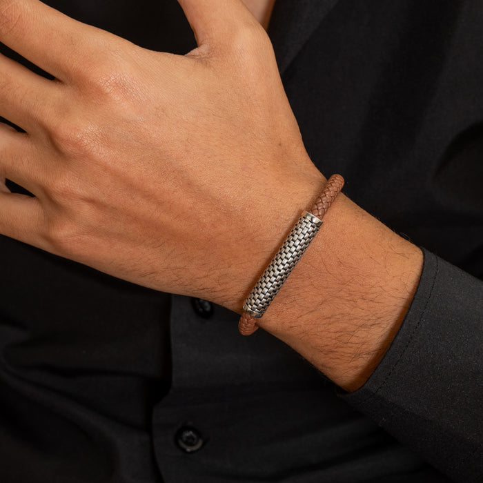 BROWN BRAIDED & BASKET WEAVE BAR MEN SILVER BRACELET