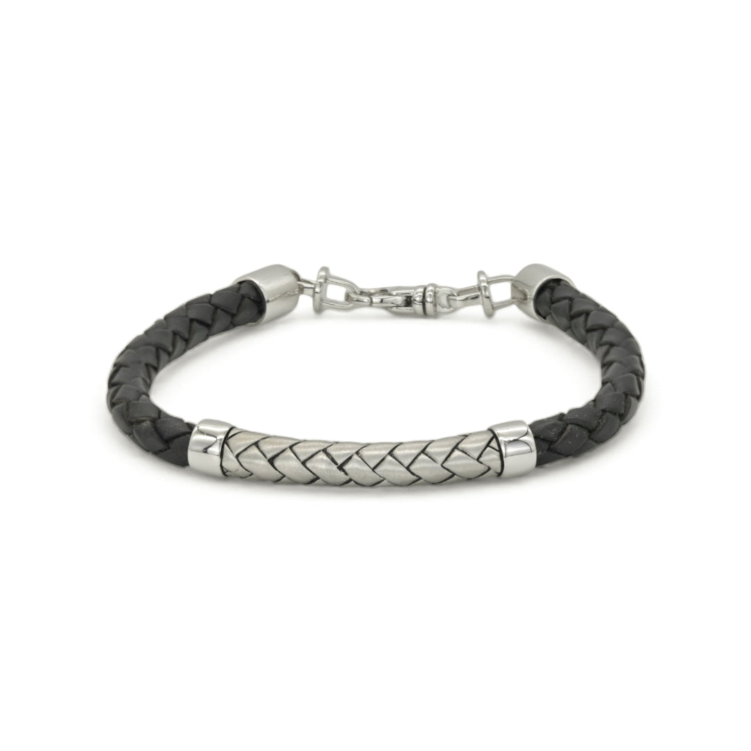 LEATHERED BRAIDS SHAPE MEN SILVER BANGLE