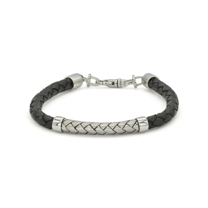 LEATHERED BRAIDS SHAPE MEN SILVER BANGLE