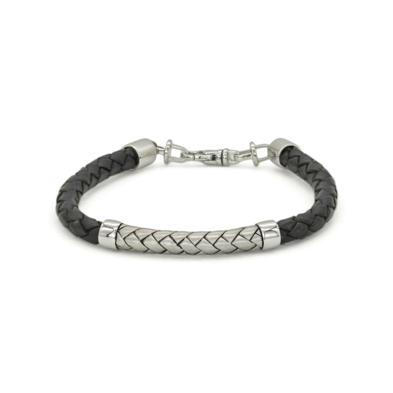 LEATHERED BRAIDS SHAPE MEN SILVER BANGLE