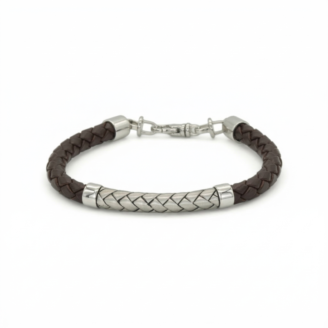 LEATHERED BRAIDS SHAPE MEN SILVER BANGLE
