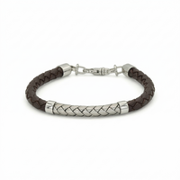 LEATHERED BRAIDS SHAPE MEN SILVER BANGLE
