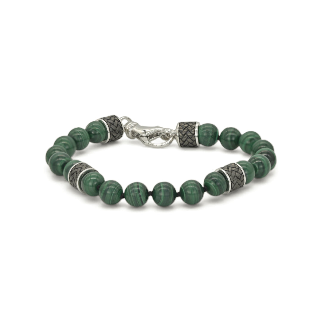 GREEN BANDED MALACHITE & WOVEN MEN SILVER BRACELET