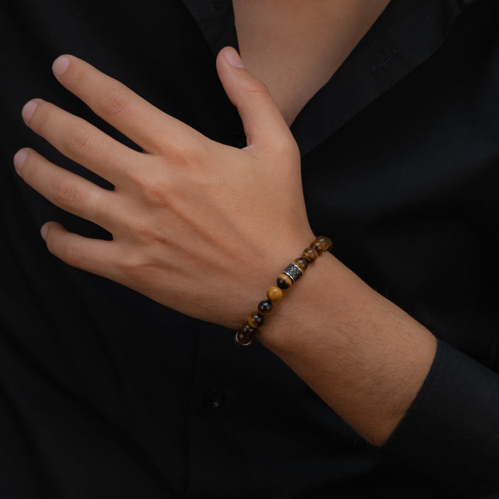 TIGER EYE BANDED & BLACK WOVEN MEN SILVER BRACELET