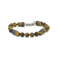 TIGER EYE BANDED & BLACK WOVEN MEN SILVER BRACELET