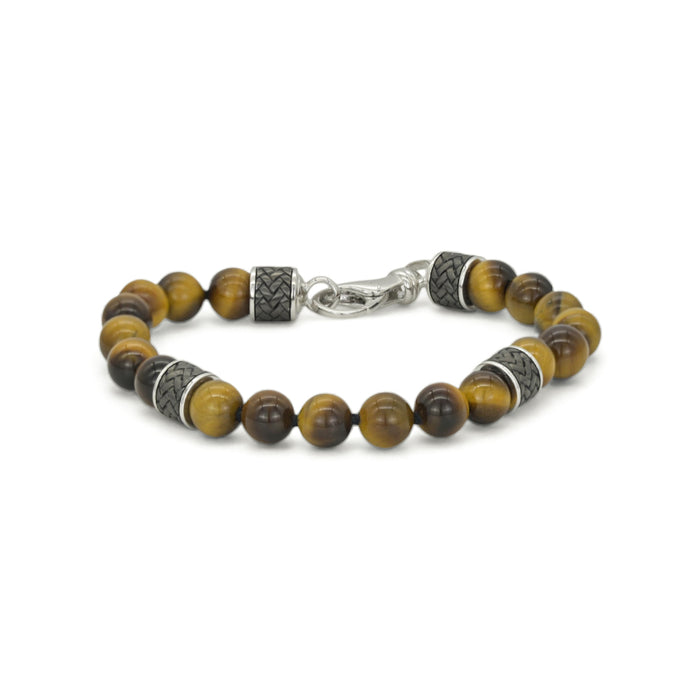 TIGER EYE BANDED & BLACK WOVEN MEN SILVER BRACELET