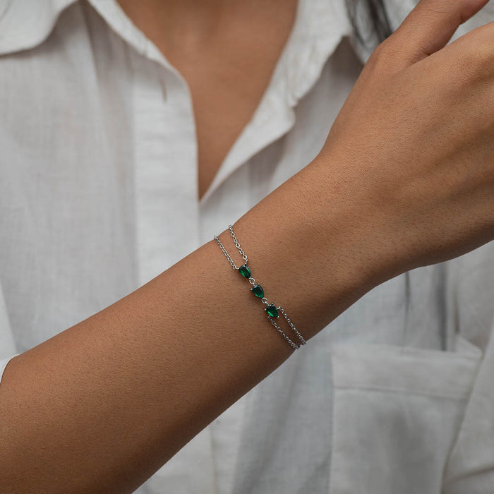 DOUBLE LAYERED PEAR STONED SILVER BRACELET