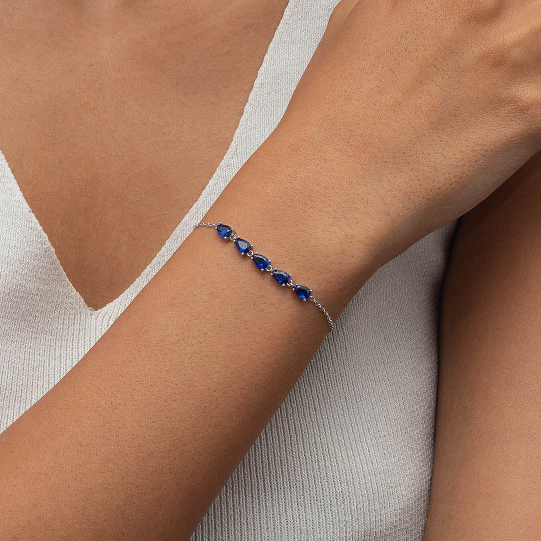 BLUE LINE OF PEARS BRACELET & STUD EARRING HALF SILVER SET