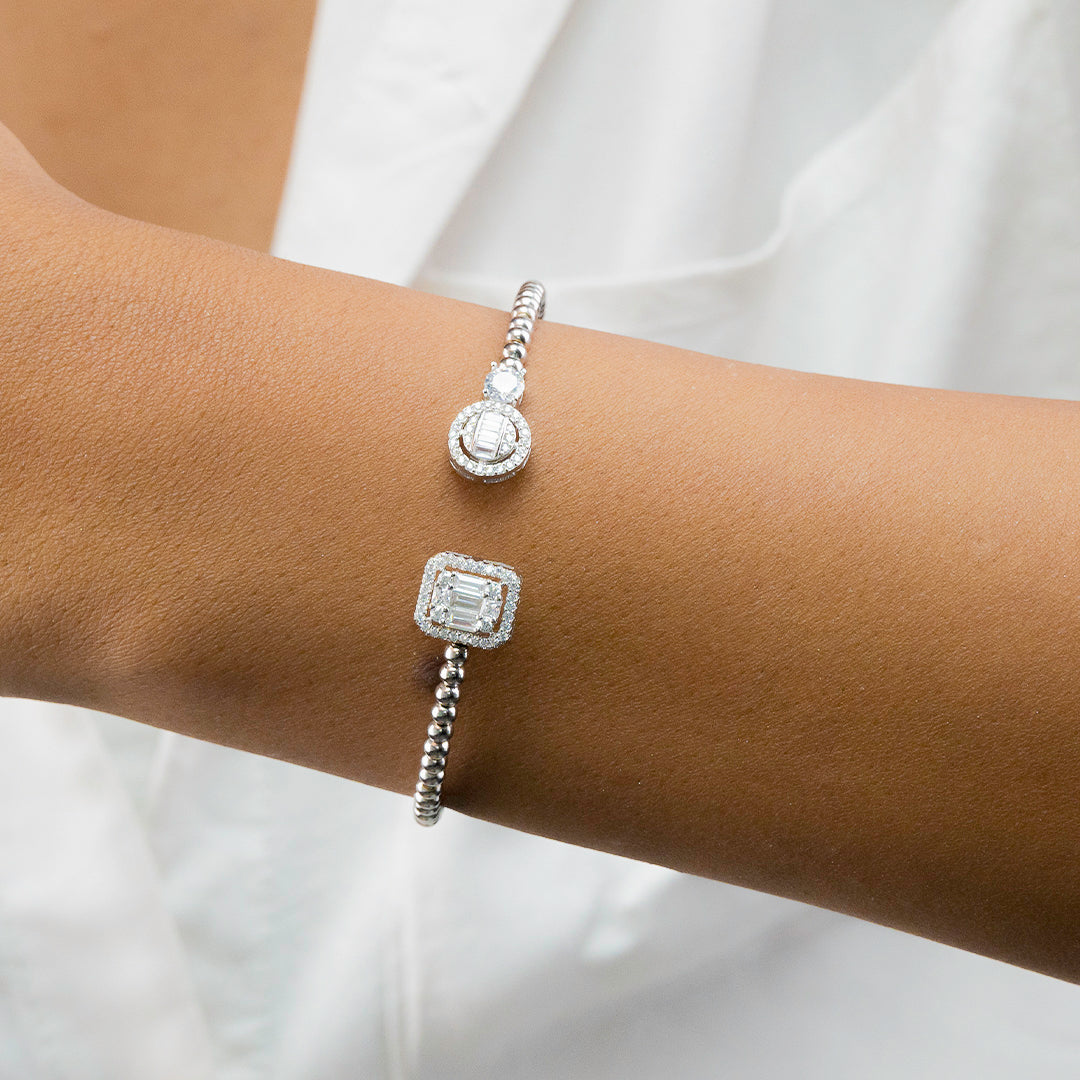 OPEN BAGUETTE BEADED SILVER BANGLE