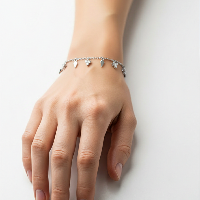 DROPPING DAIMOND & TRIPLE BOND FLOWER SHAPED SILVER BRACELET