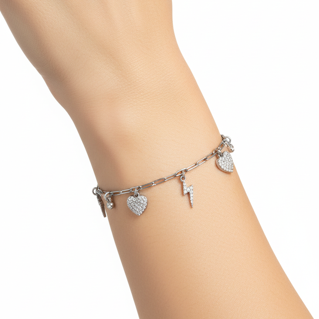 DROPPING THUNDER & HEART SILVER BRACELET