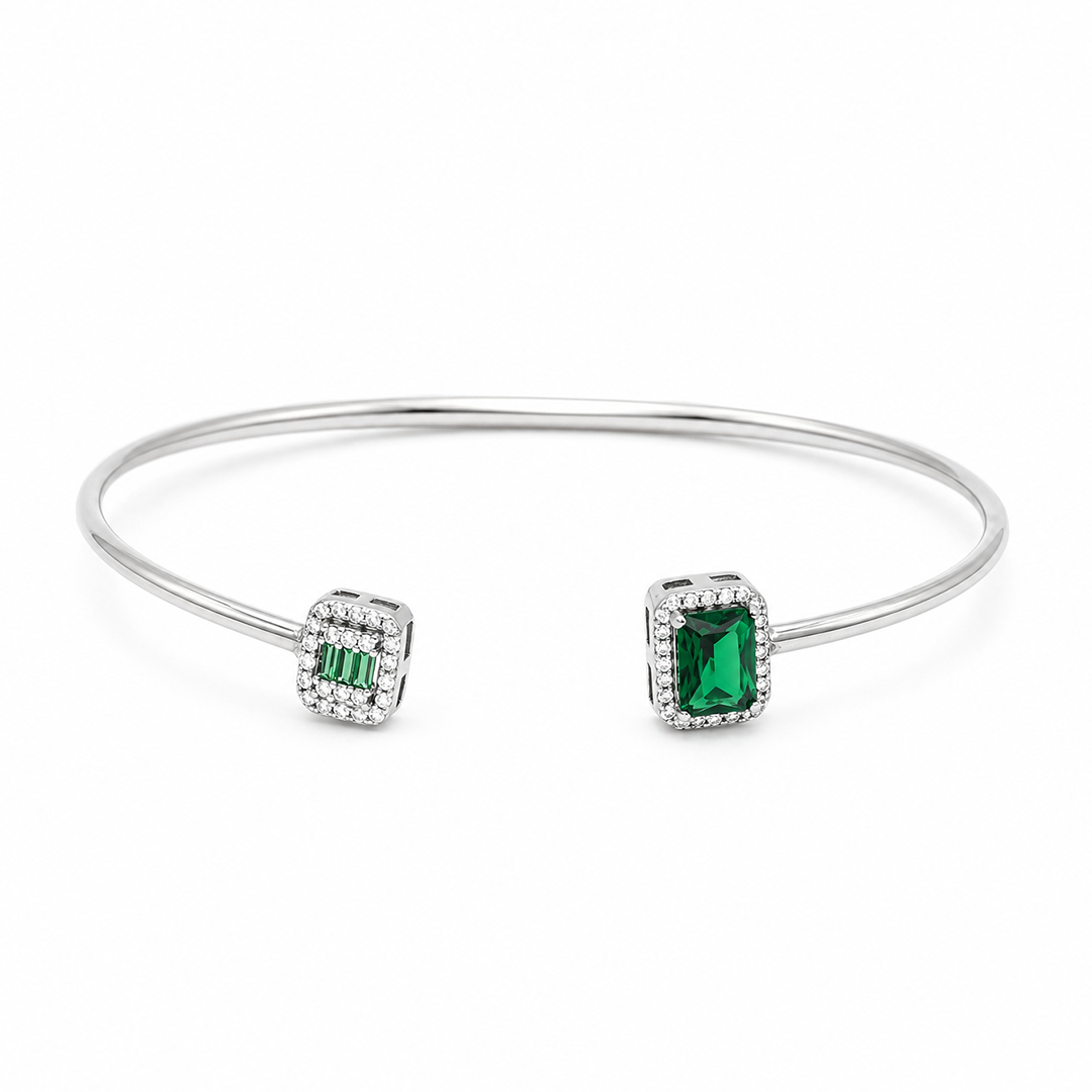 OPEN EMERALD CUT & BAGUETTE SILVER BANGLE