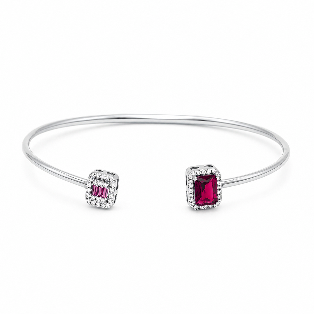 OPEN EMERALD CUT & BAGUETTE SILVER BANGLE