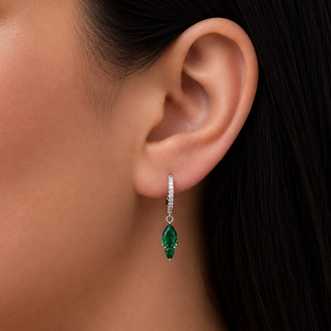 COLORED PEARS & ROUND STONES HOOP SILVER EARRING