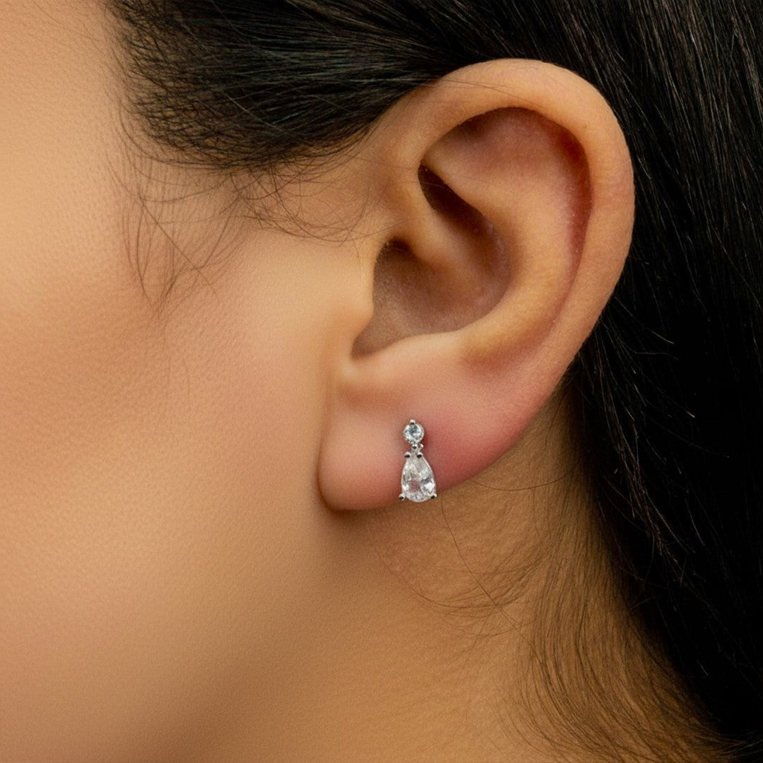 ROUND & PEAR STONED STUD SILVER EARRING