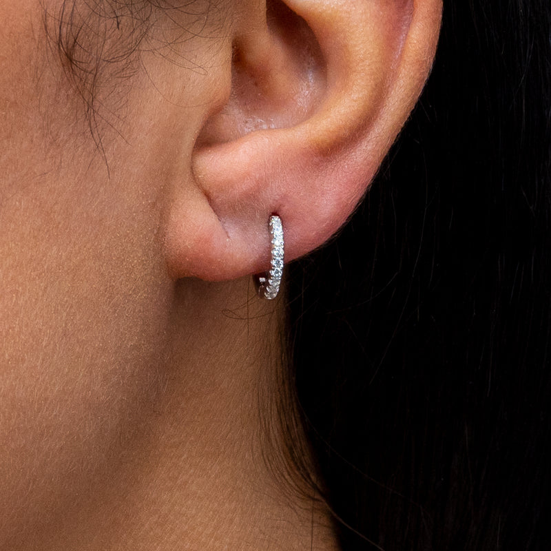 SIMPLE ROUND STONED HOOP SILVER EARRING